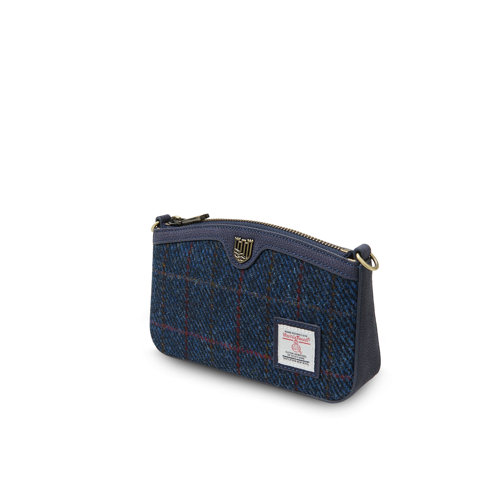 Ailsa navy over-check purse open showing leather interior on white background