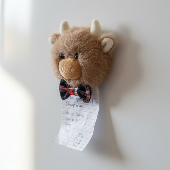 Angus Highland cow magnet on fridge holding a handwritten shopping list