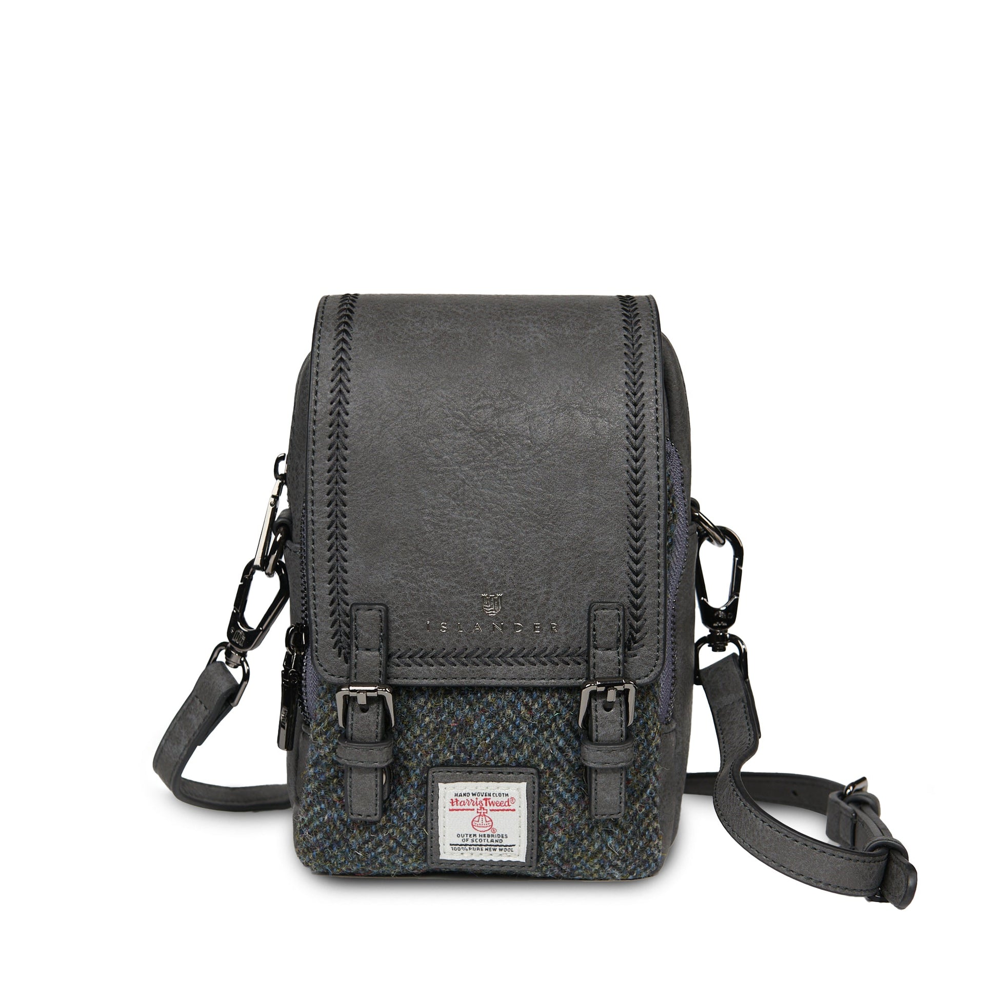 Black and grey herringbone Baby Jura crossbody shown at an angle