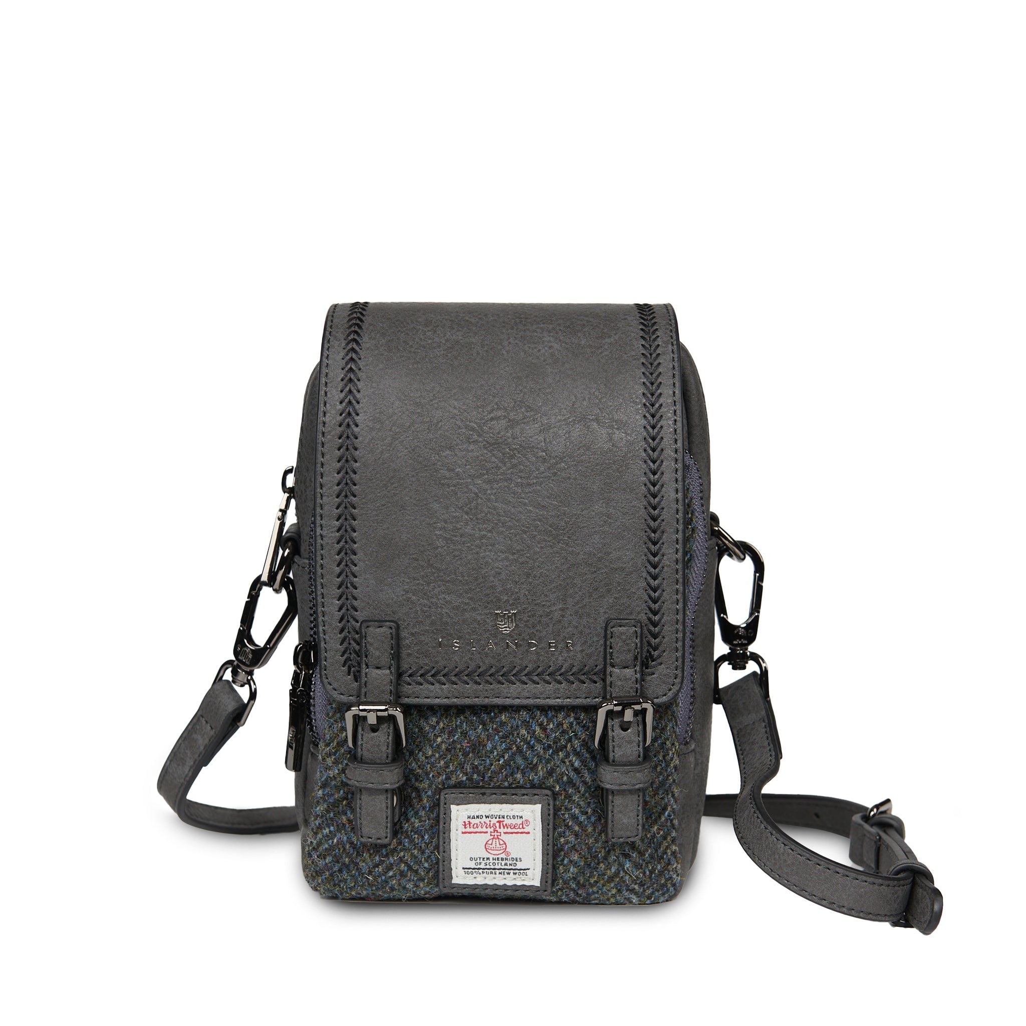 Black and grey herringbone Baby Jura crossbody shown at an angle
