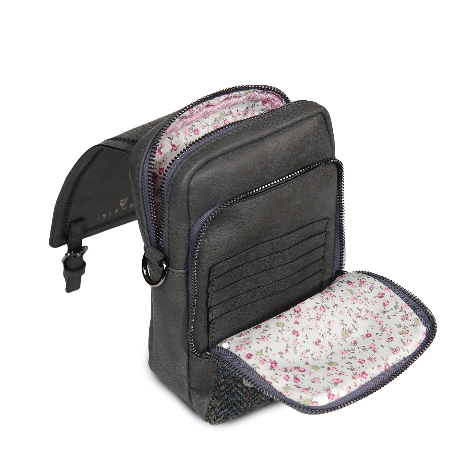 Black Baby Jura crossbody open, showing the floral lining and card slots
