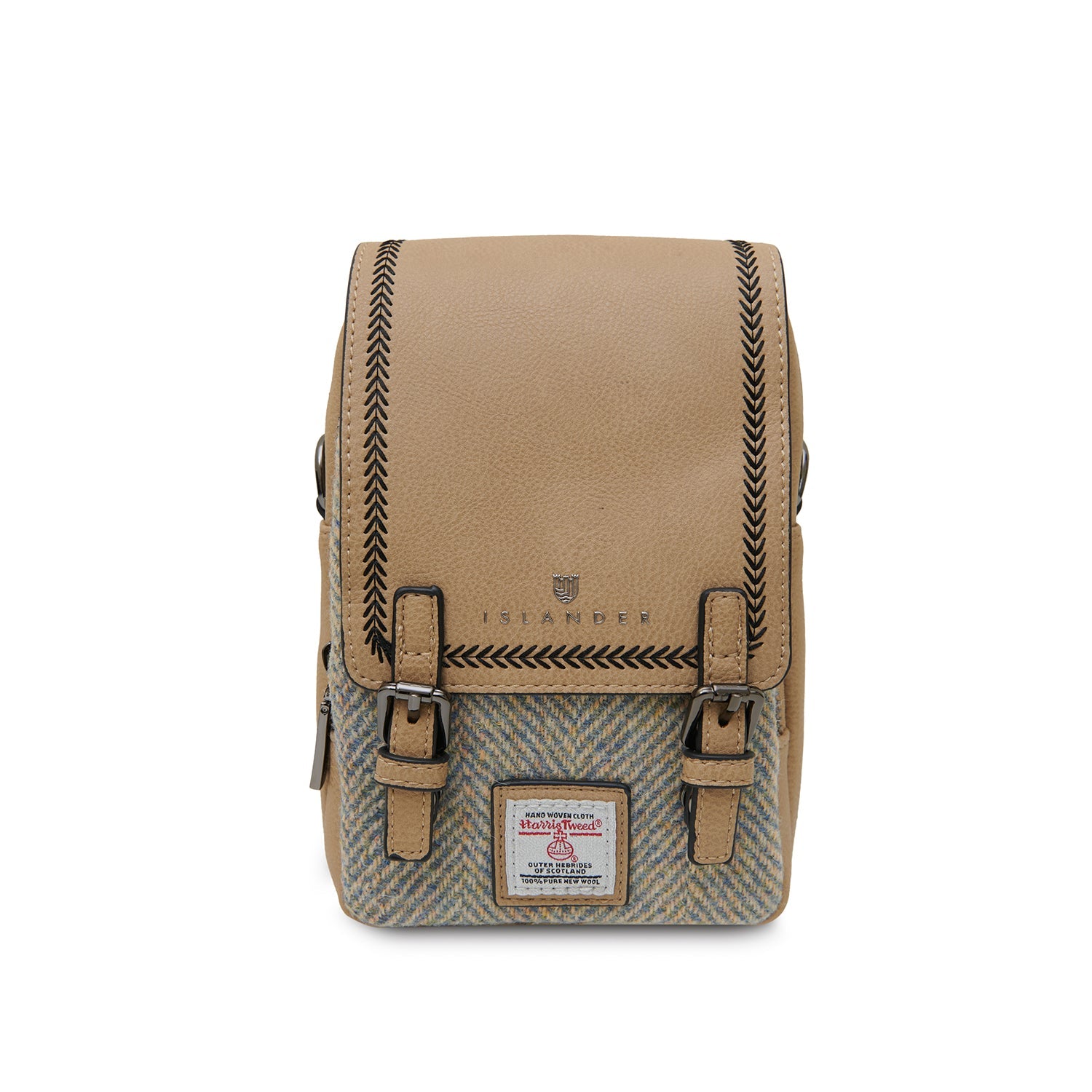 Baby Jura crossbody bag in stone leather with a blue and cream herringbone panel