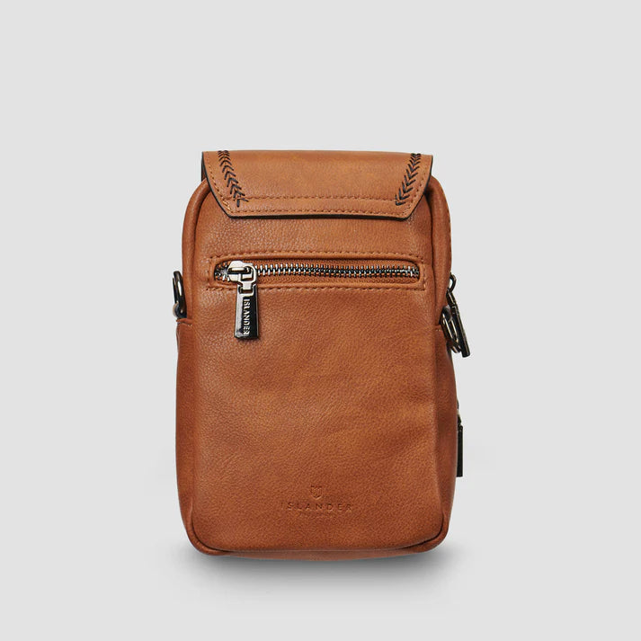Islander crossbody bag reverse side showing plain brown PU leather back panel