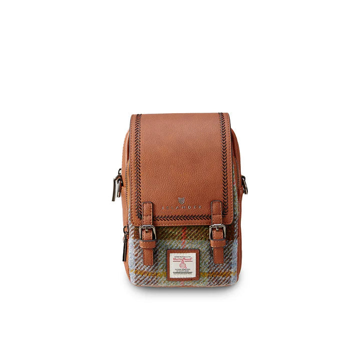 Islander Harris Tweed crossbody bag in blue tartan with brown PU leather, front view