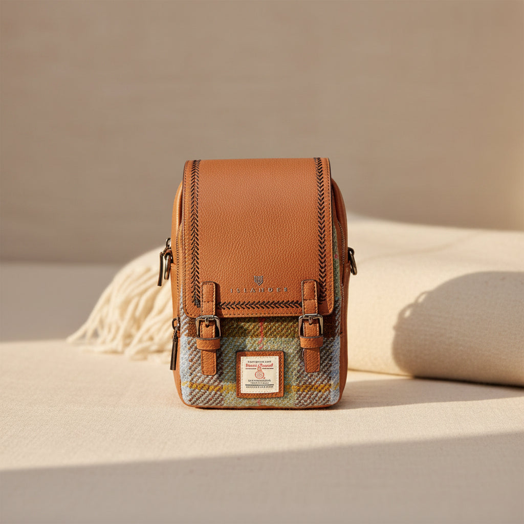 Baby Jura Crossbody With Blue Tartan - Brown PU Harris Tweed®