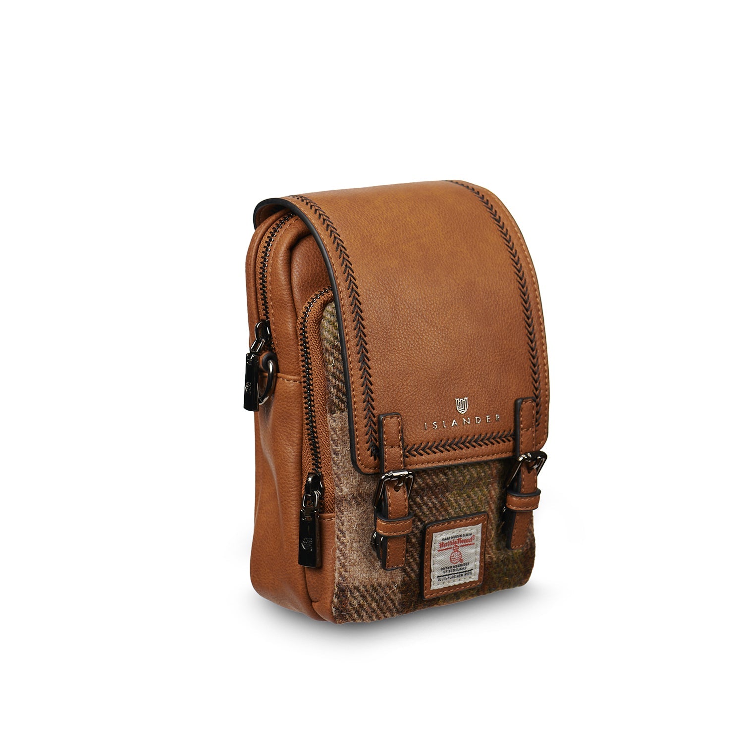 Chestnut tartan Baby Jura crossbody shown at an angle