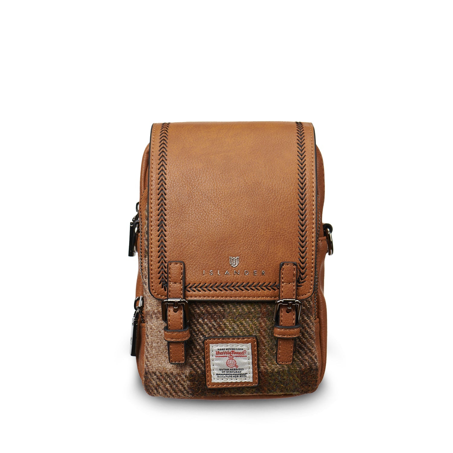 Chestnut tartan Baby Jura crossbody in tan vegan leather, front view