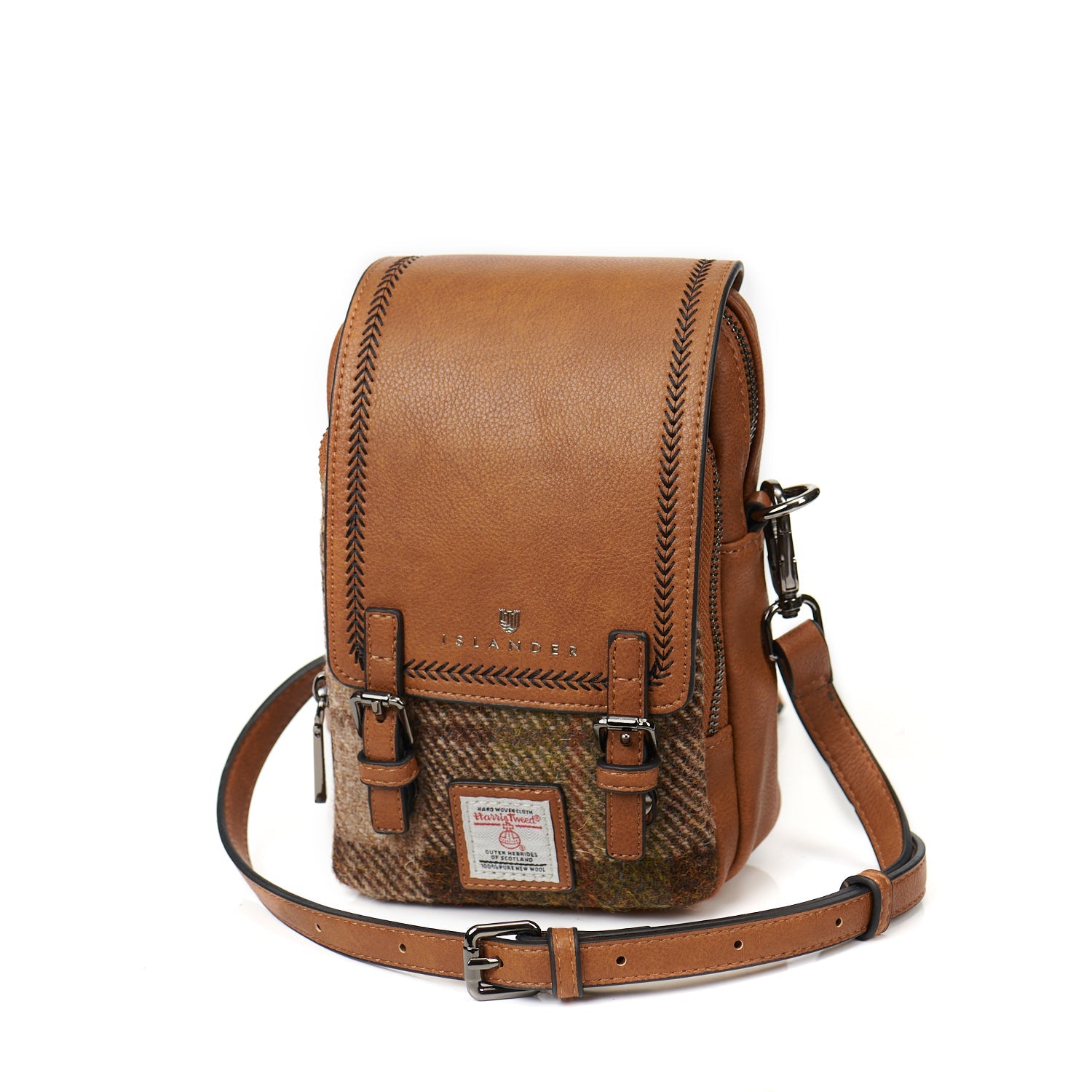 Baby Jura crossbody bag in tan leather with a chestnut tartan Harris Tweed panel