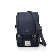 Navy Harris Tweed crossbody bag with rust over-check, front view on white background