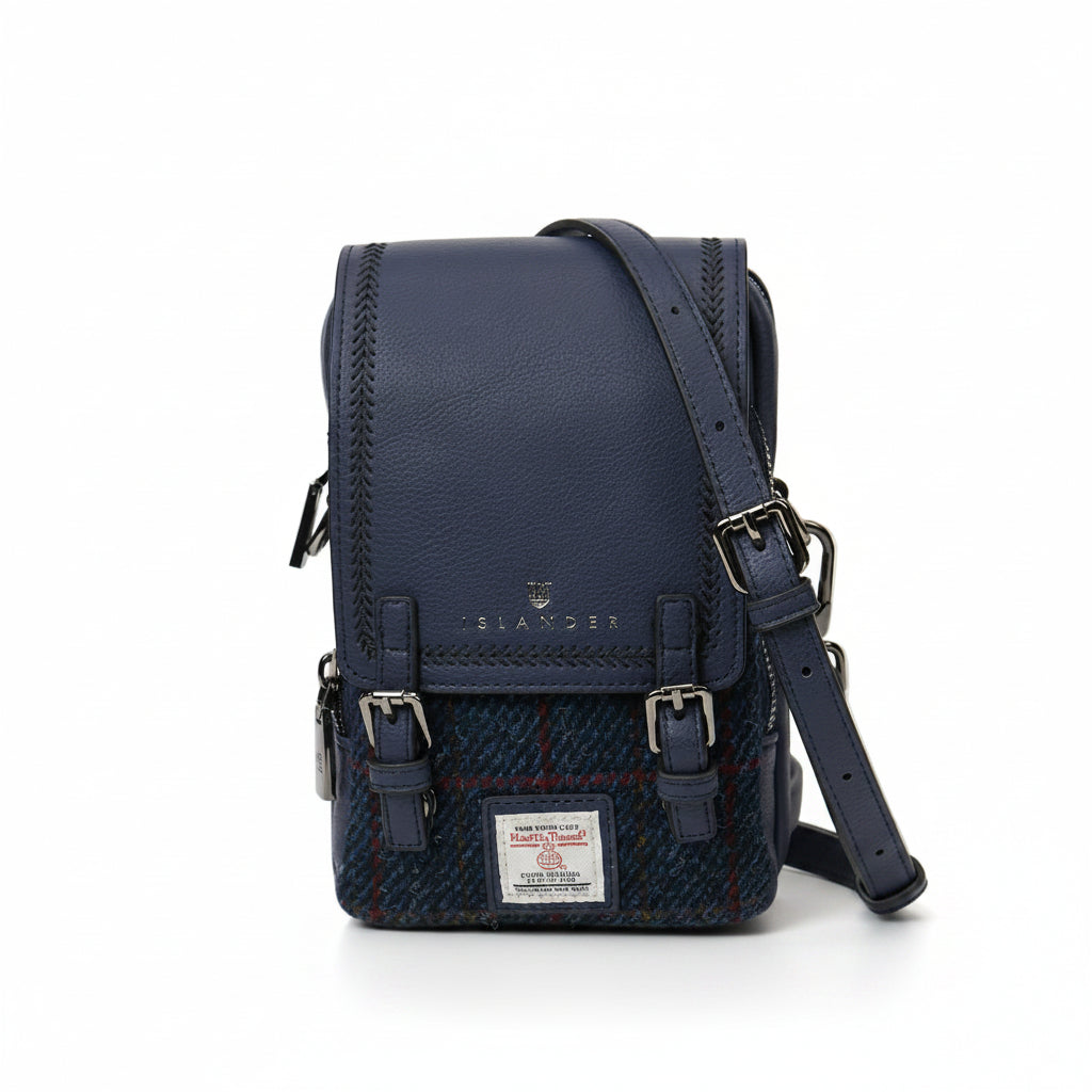 Navy Harris Tweed crossbody bag with rust over-check, front view on white background