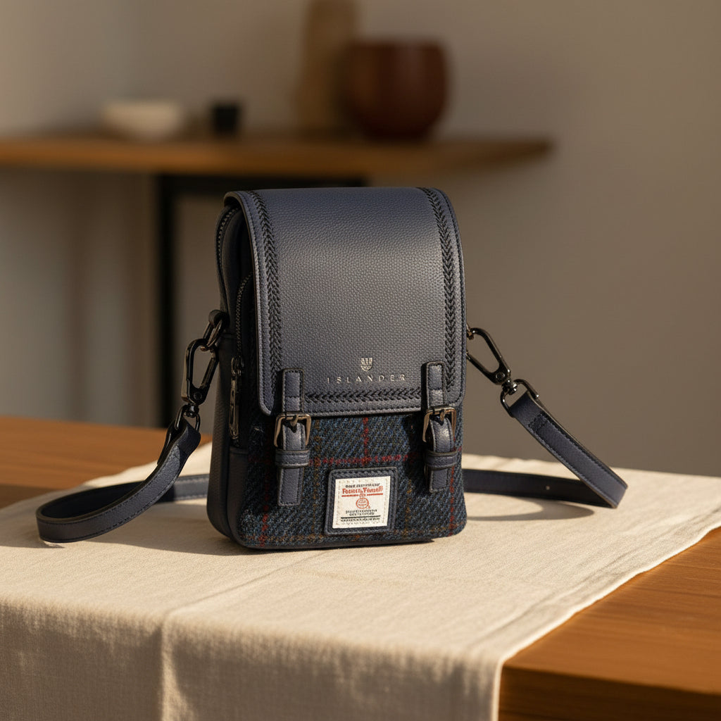 Islander navy crossbody bag angled with detachable strap laid flat on white background