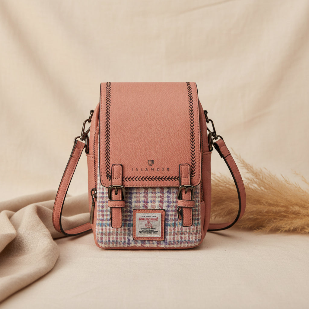 Baby Jura crossbody bag in dusky pink leather with a mini dogtooth tweed panel