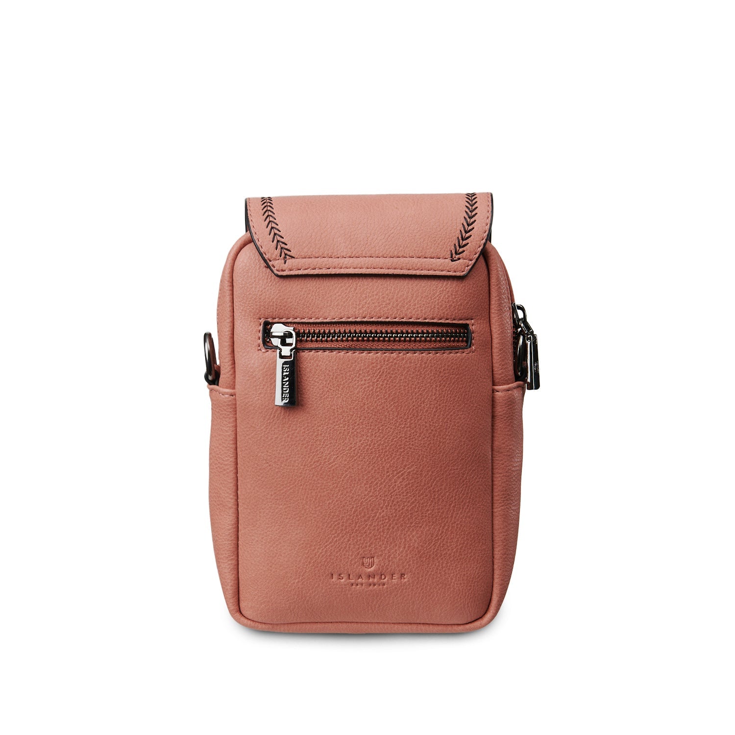 Back of the pink and purple mini dogtooth Baby Jura crossbody showing the zip pocket