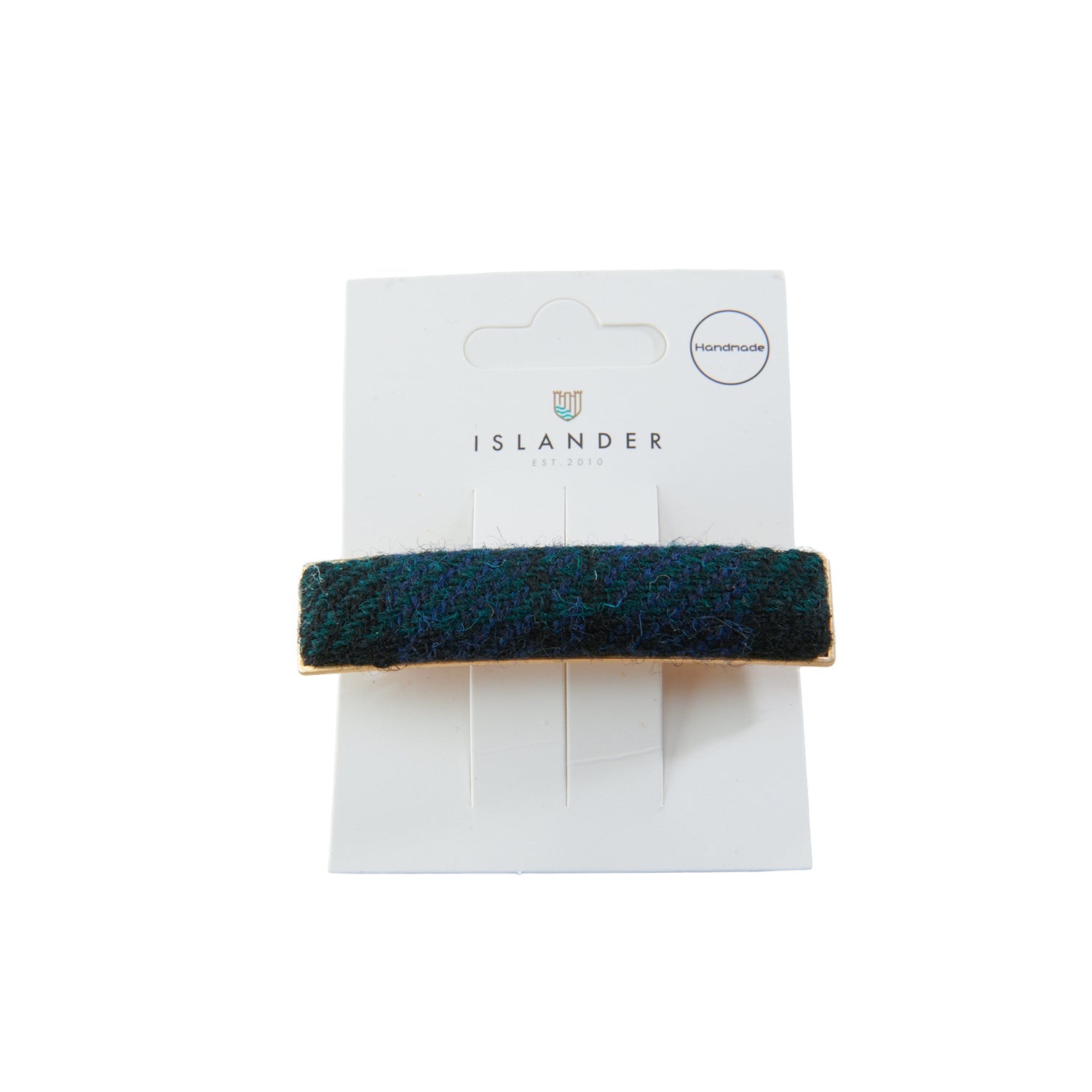 Harris Tweed Black Watch tartan hair clip on Islander packaging card