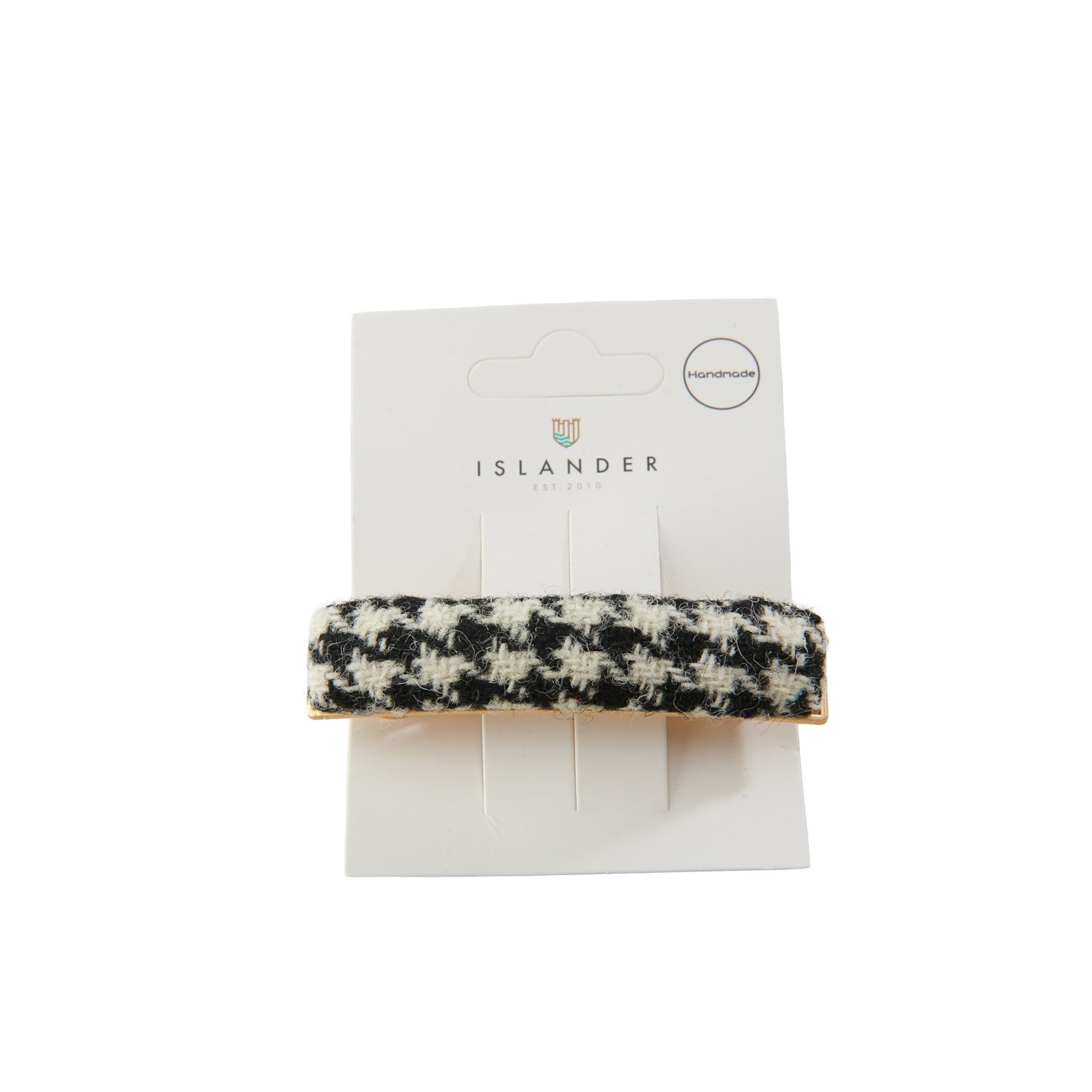 Harris Tweed black-white dogtooth hair clip on Islander packaging card