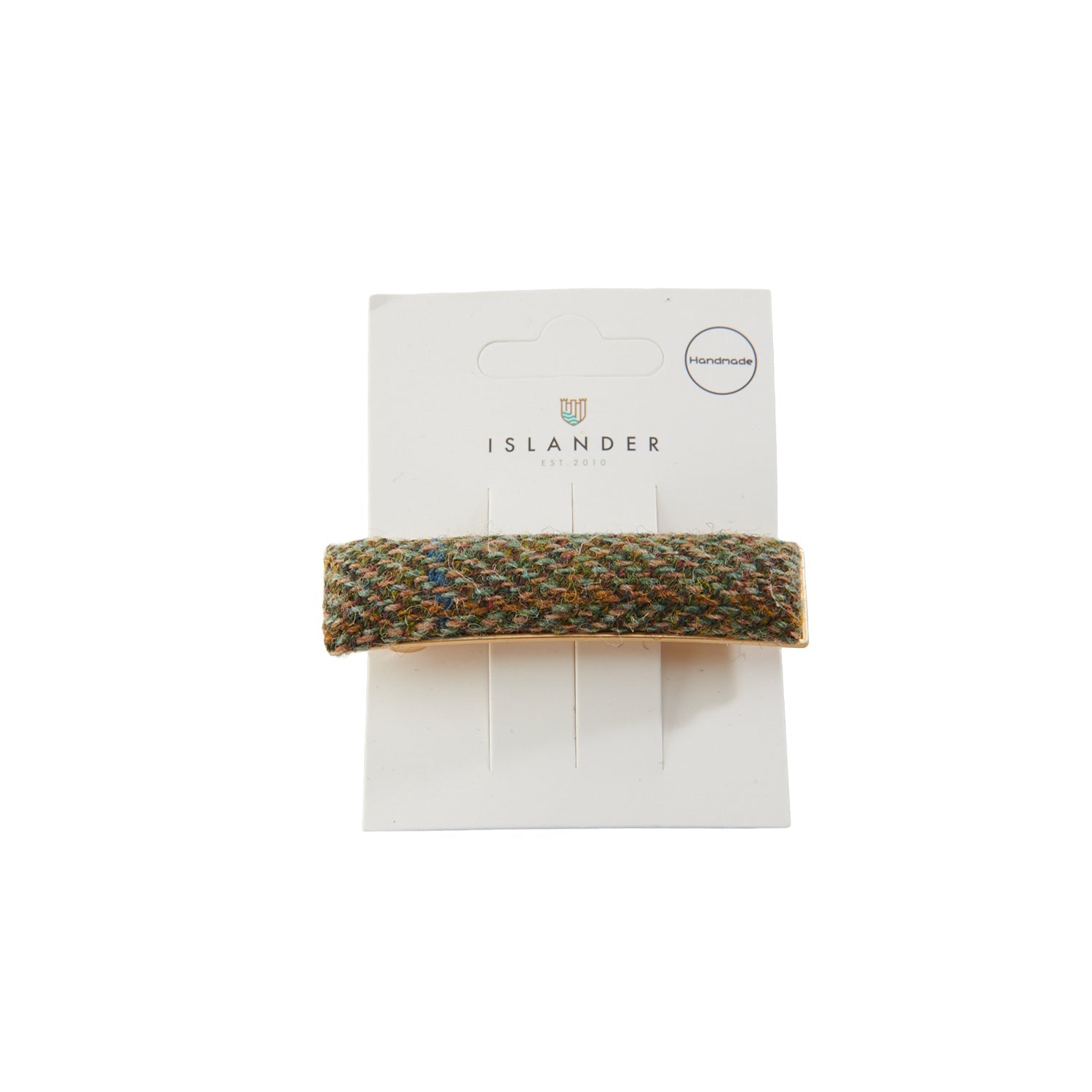 Harris Tweed chestnut herringbone hair clip on Islander packaging card