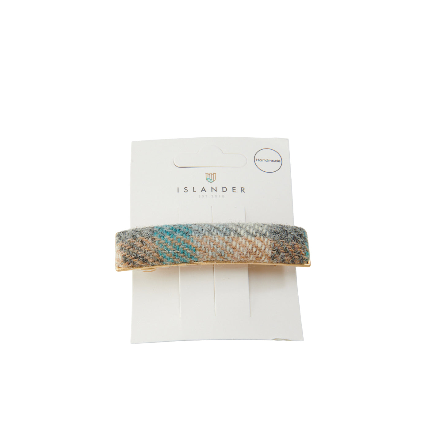 Harris Tweed Islander tartan hair clip on Islander branded packaging card