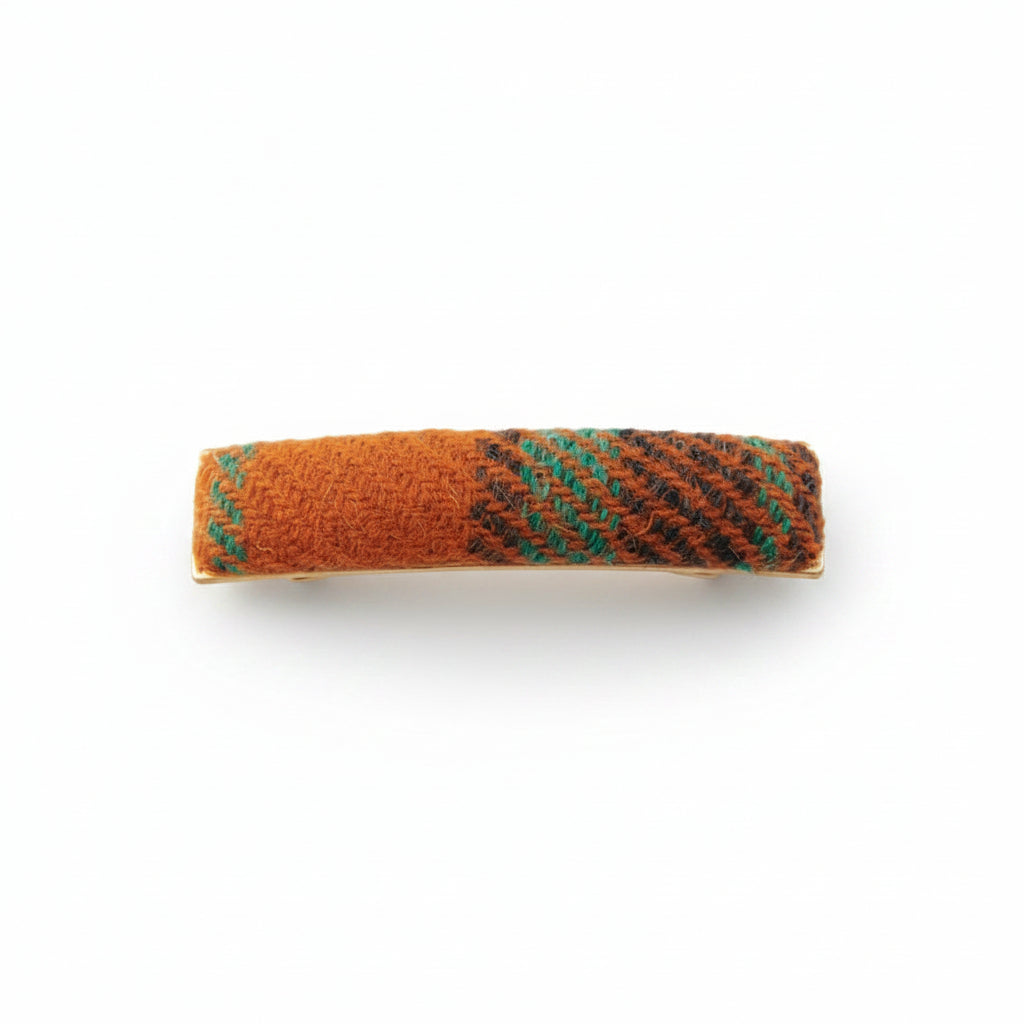 Orange-teal tartan Harris Tweed barrette clip on white background