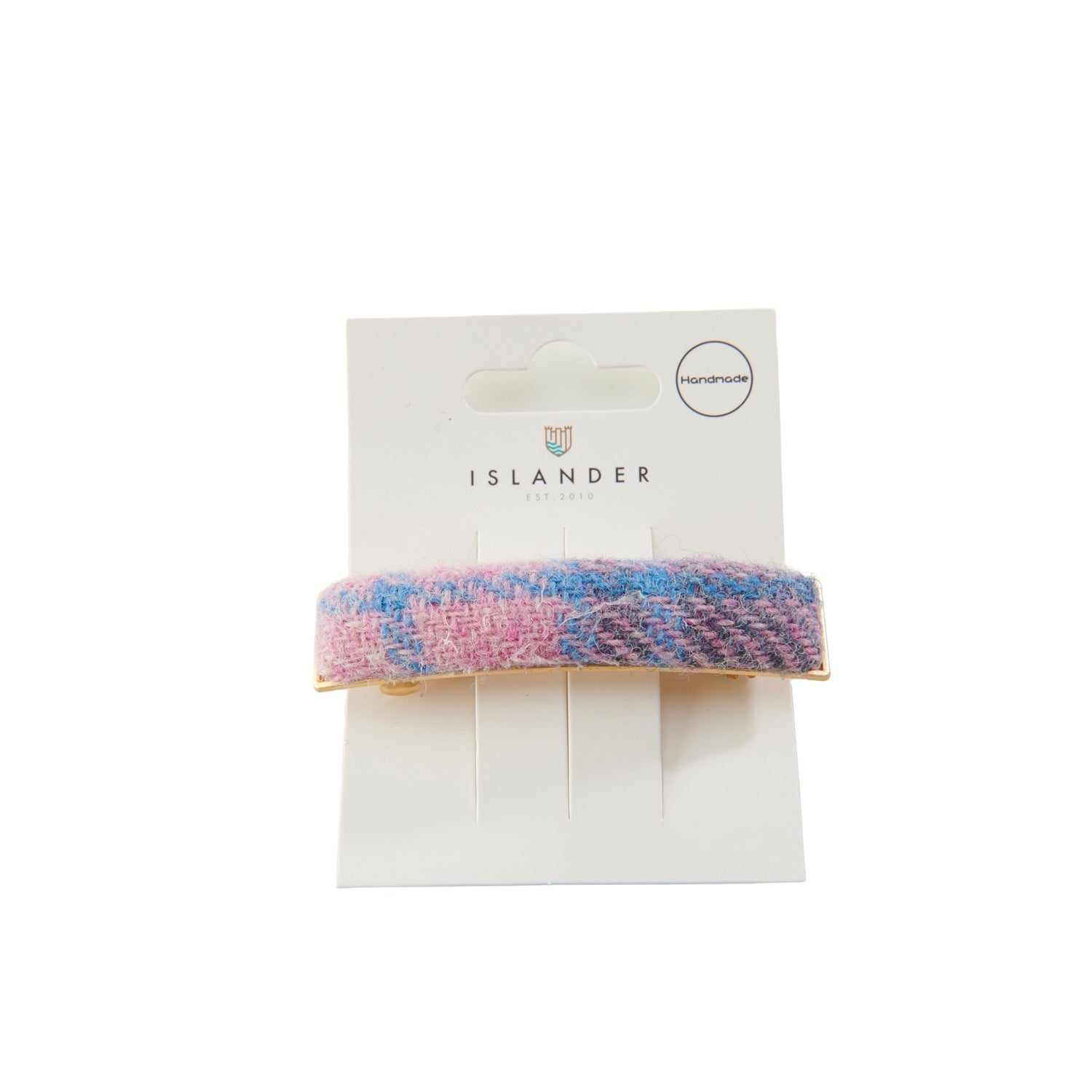 Harris Tweed pink-blue tartan hair clip on Islander branded packaging card