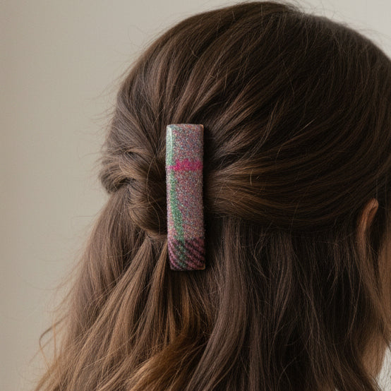 Harris Tweed pink and green tartan barrette clip worn in brown hair