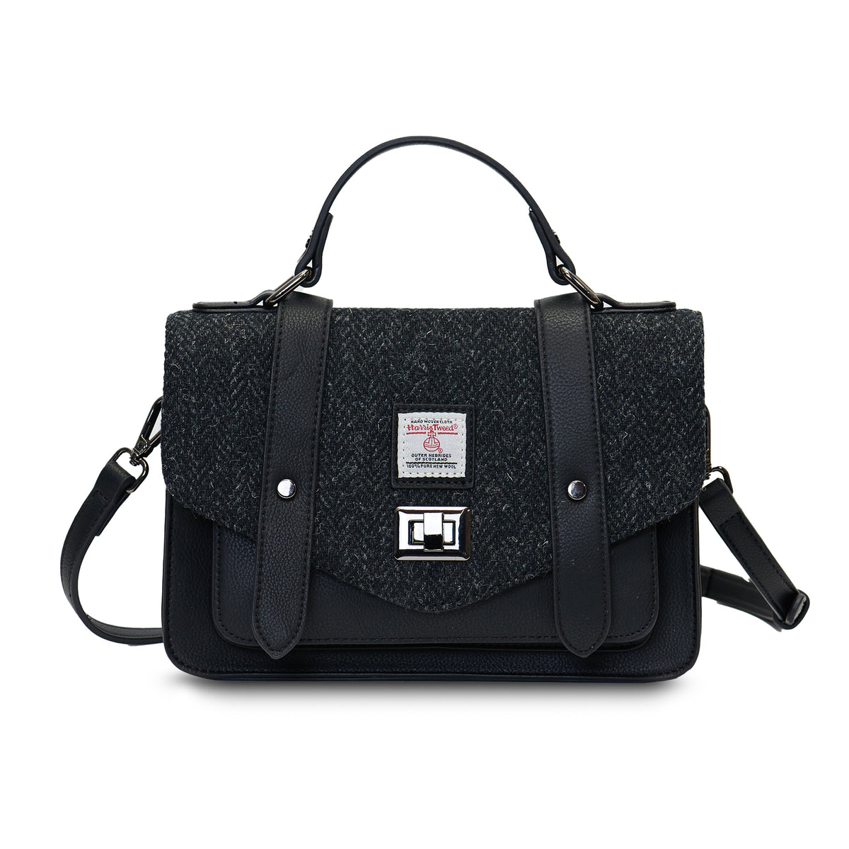 Black Herringbone Medium Satchel with Harris Tweed® shown from the front with top handle and detachable shoulder strap.