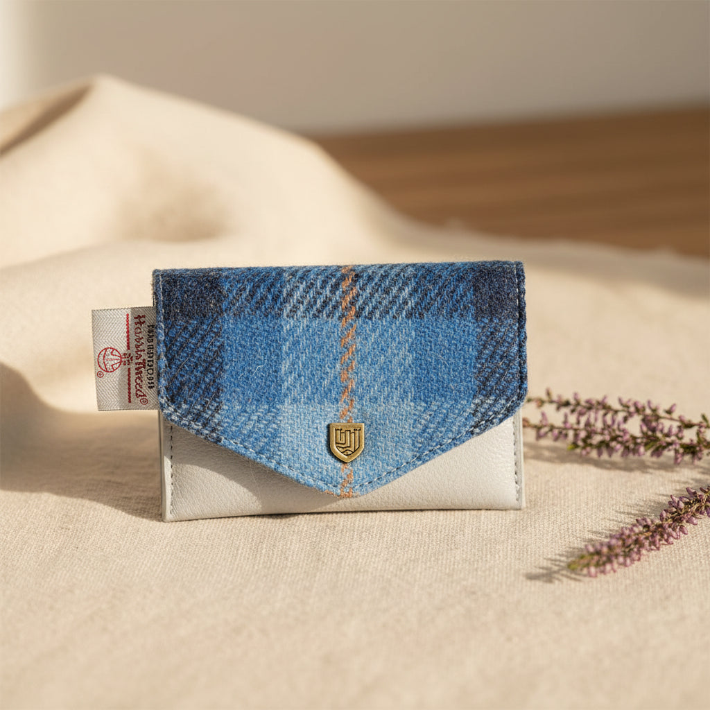 Blue and gray checkered wallet with a brand tag on a white background