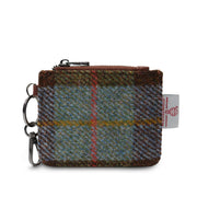Chestnut and blue Harris Tweed® card zip wallet with leather front and keychain by Islander.