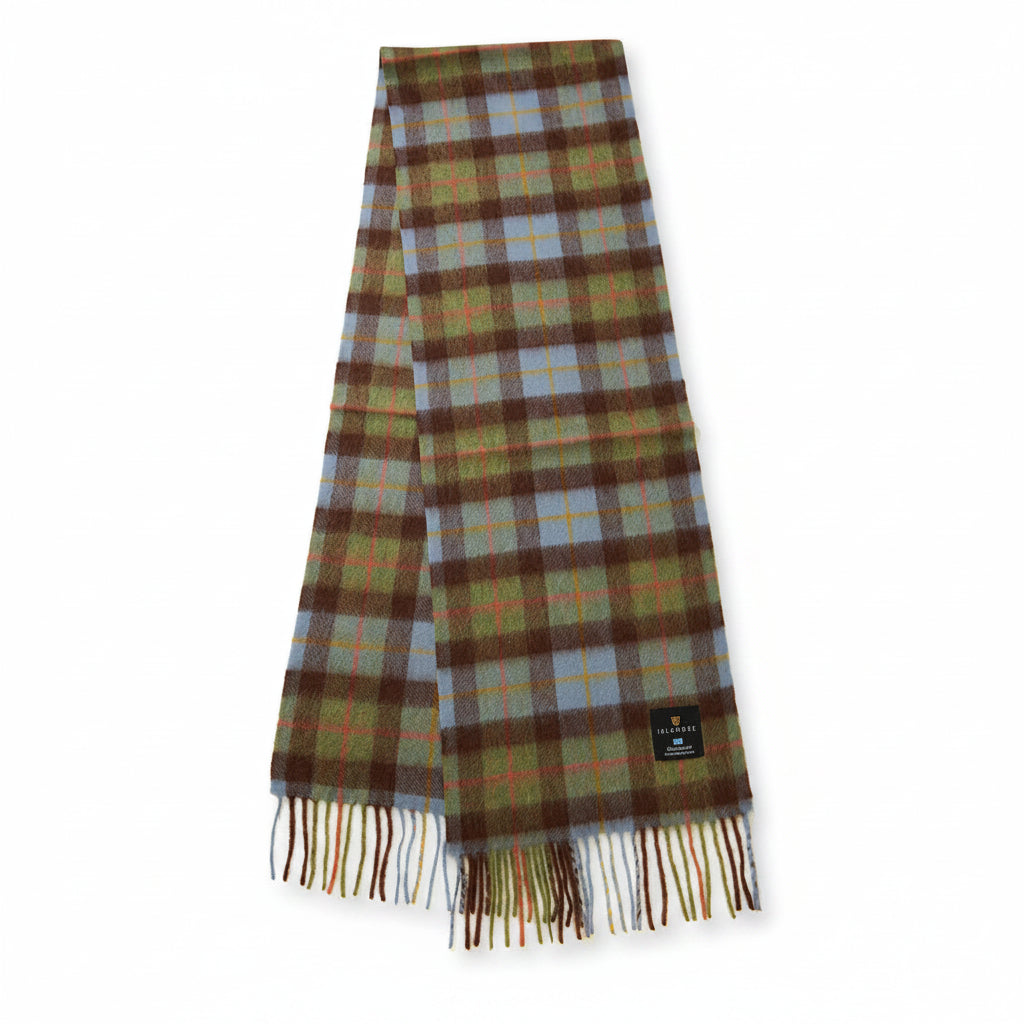 Chestnut and blue tartan lambswool scarf with fringed edges laid flat.