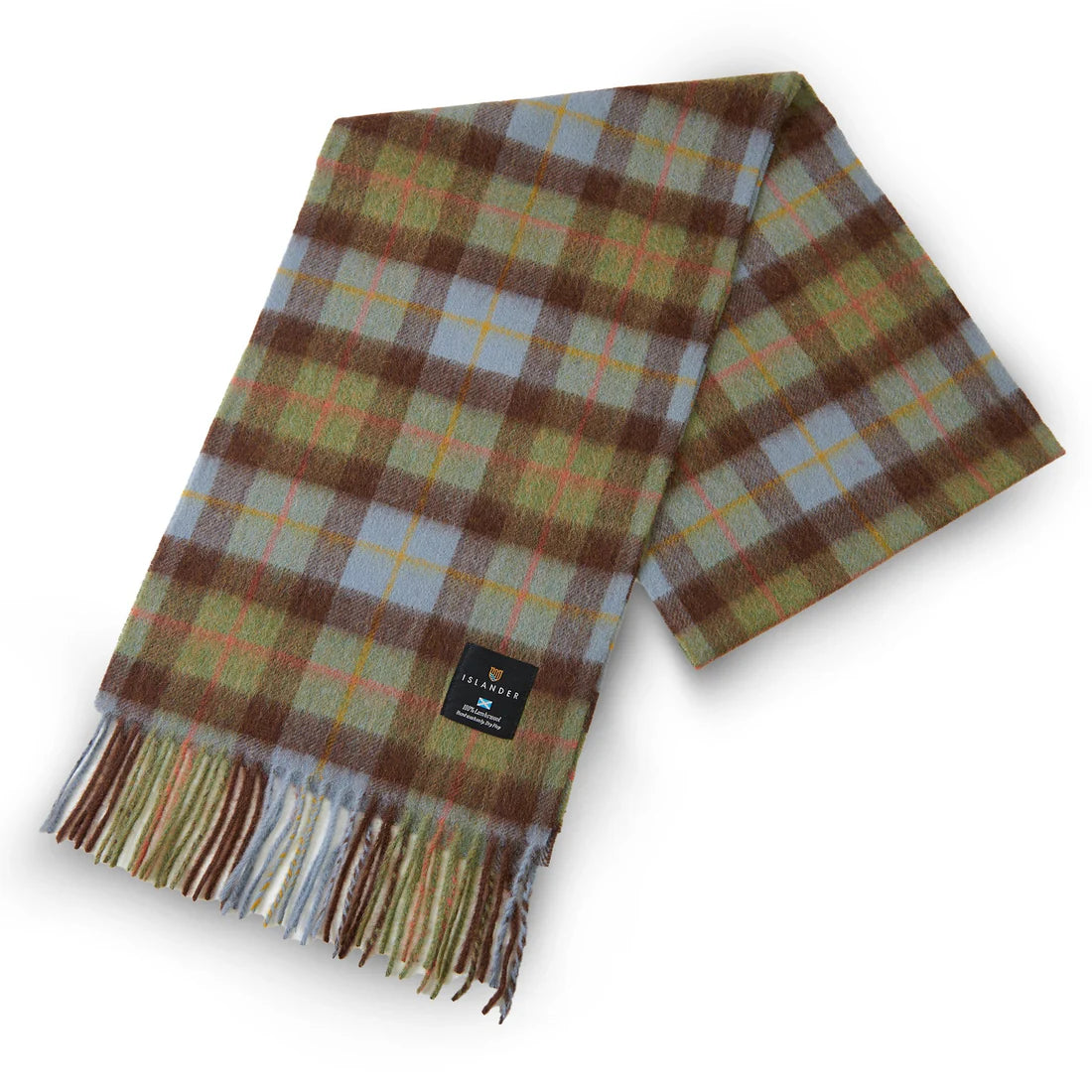 Folded chestnut and blue tartan lambswool scarf on white background.