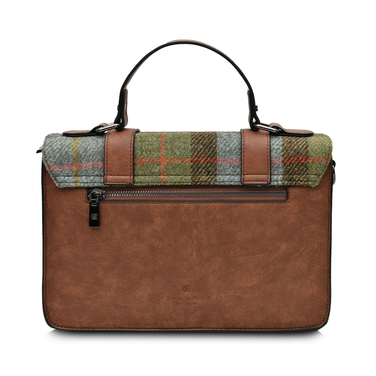 Rear view of the satchel showing the brown faux leather finish and secure zip pocket.