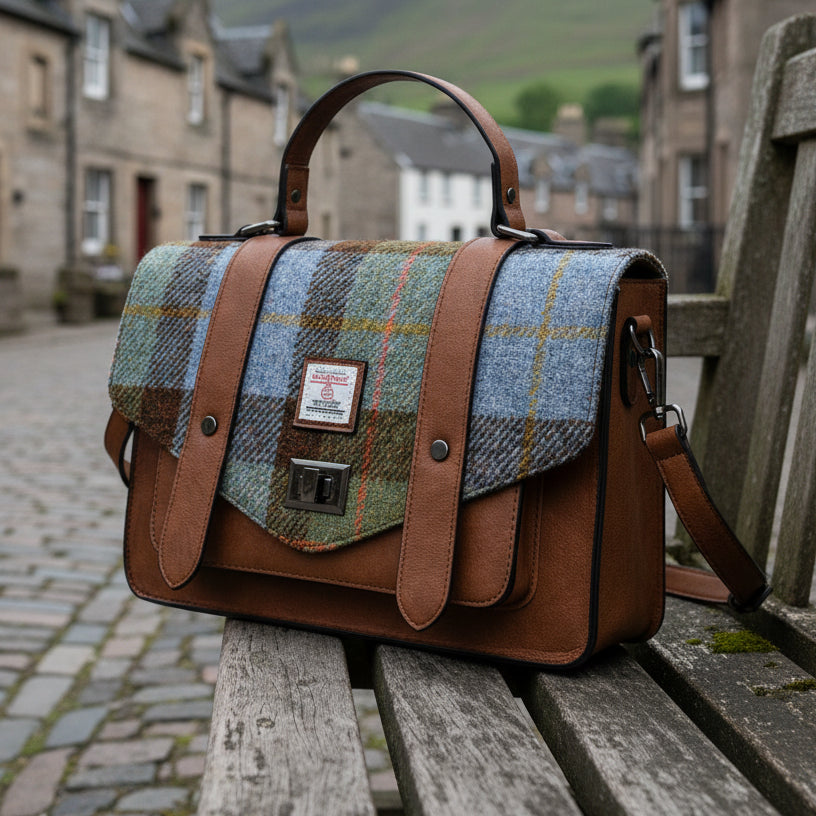 Chestnut and blue tartan Harris Tweed satchel on a bench in a cobbled street