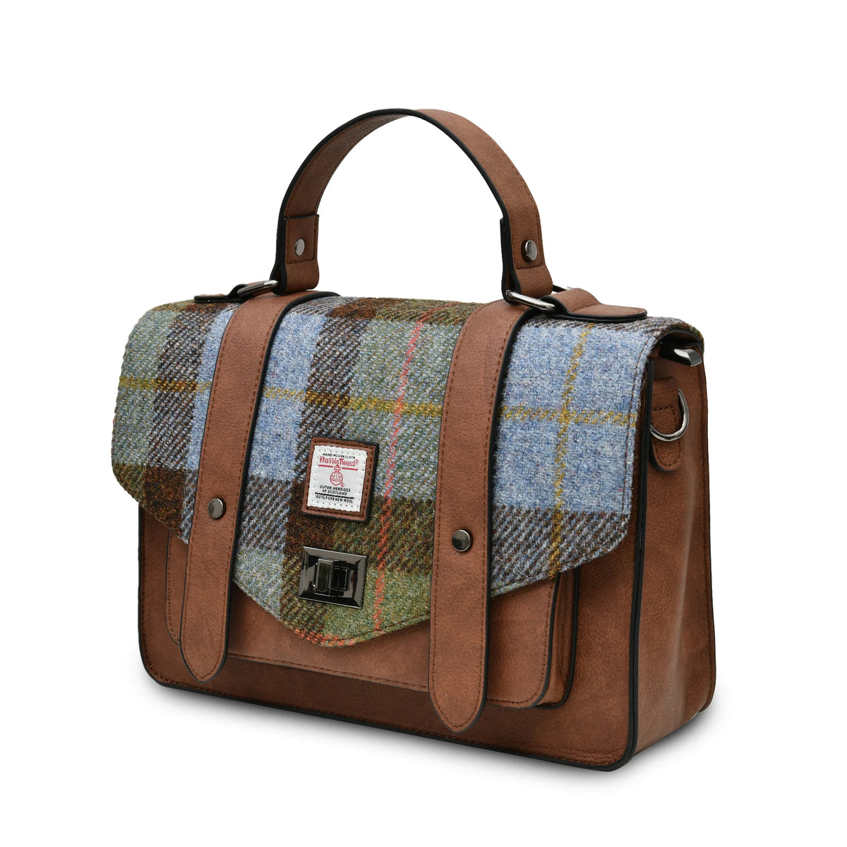 Angled view of the Harris Tweed satchel showcasing the mix of chestnut faux leather and blue tartan wool blend.