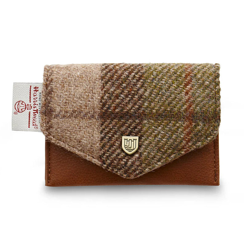 Chestnut tartan Harris Tweed® card holder with tan leather and gold button closure by Islander.