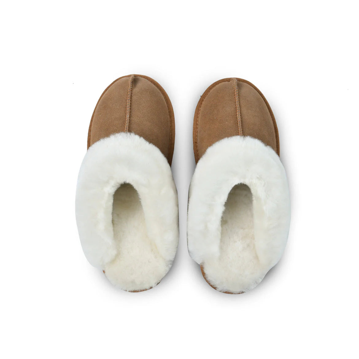 Top view of ladies chestnut sheepskin slippers with plush white sheepskin lining