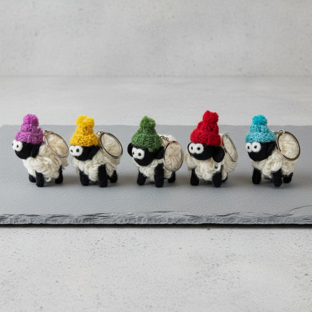 Group of five knitted sheep keyrings wearing colourful bobble hats.