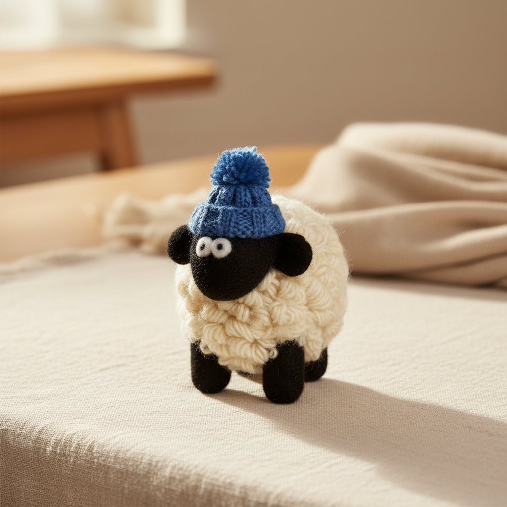 Hand-knitted wool sheep figure wearing a blue bobble hat