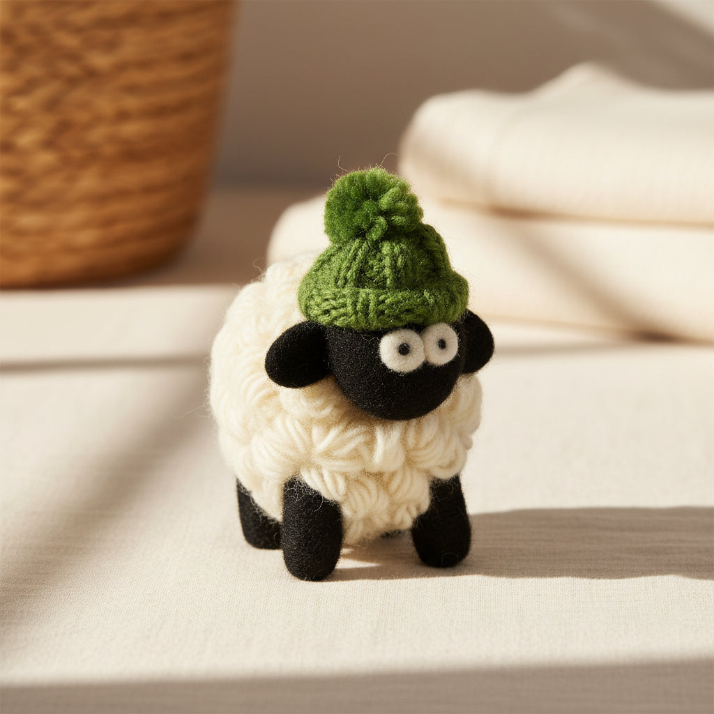 Knitted wool sheep in a green bobble hat styled on a shelf