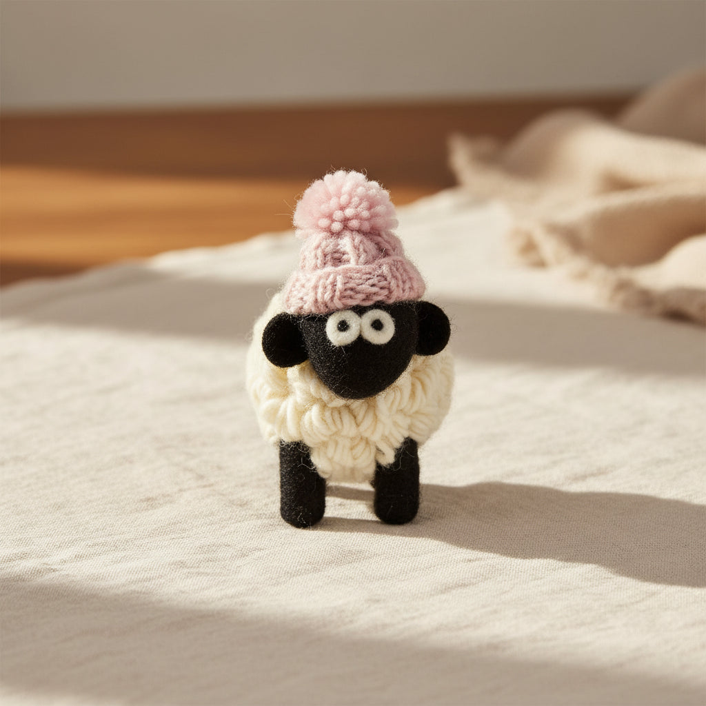 Knitted wool sheep in a pink bobble hat styled on a shelf