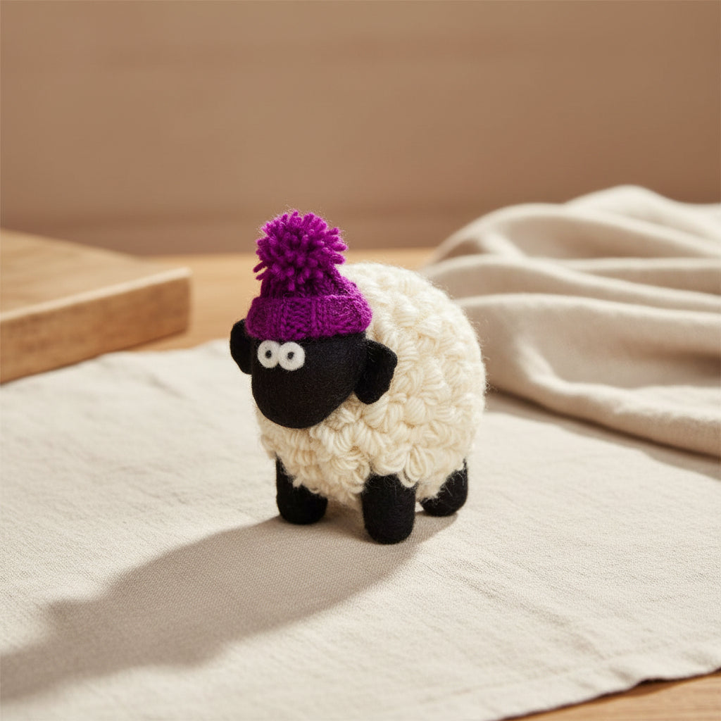 Knitted wool sheep in a purple bobble hat styled on a shelf