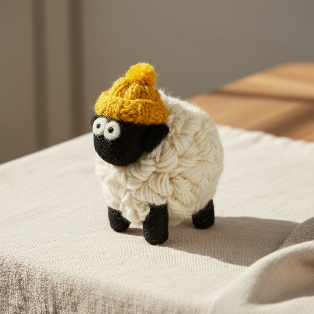 Knitted wool sheep in a yellow bobble hat styled on a shelf