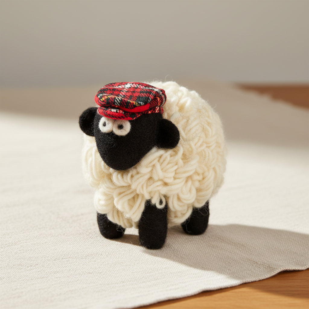 A small felt sheep toy with a fluffy cream-white body, black face and legs, and a red tartan plaid hat, photographed on a plain white background.