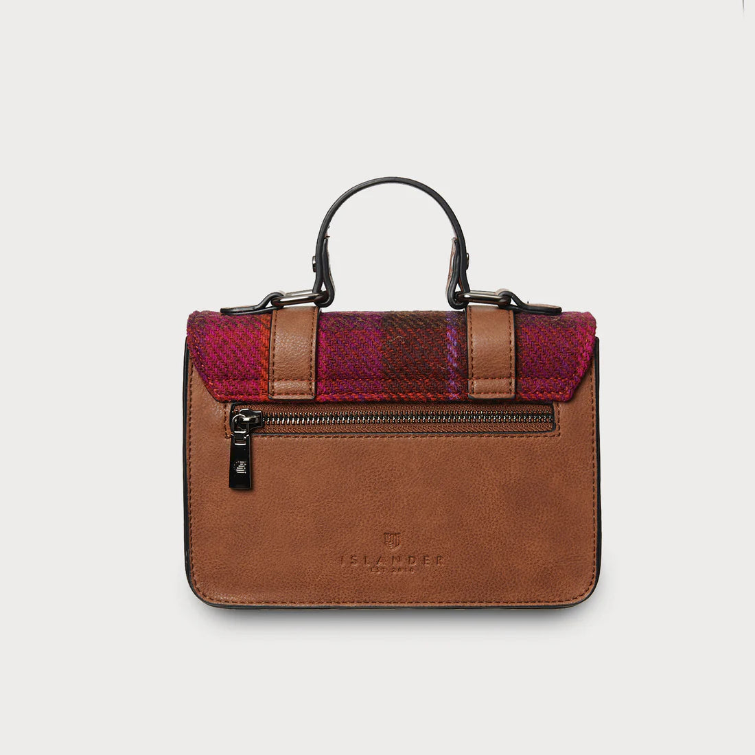 Back view of Fuschia Tartan Mini Satchel featuring Harris Tweed® label and buckle straps.