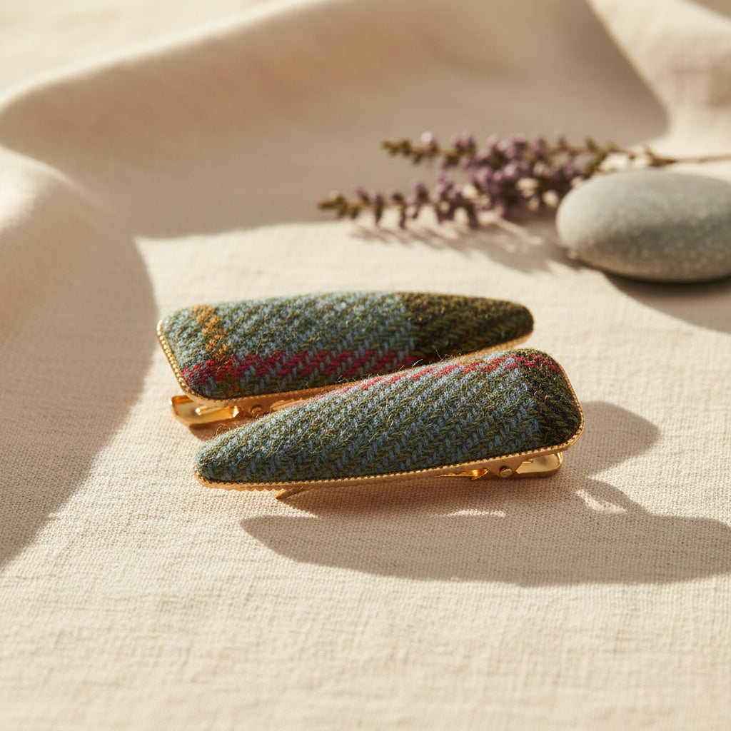 Chestnut and blue tartan tweed triangular hair clips styled as a small gift