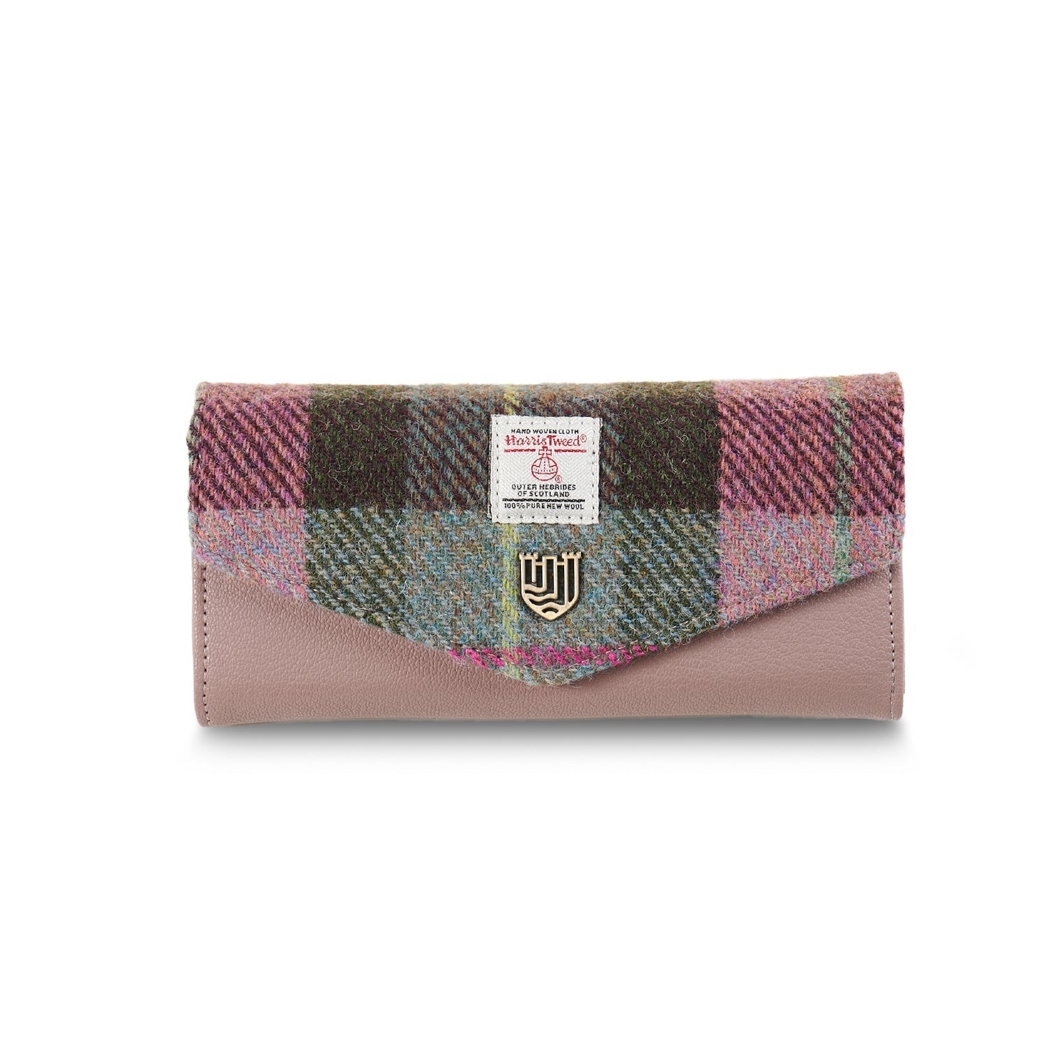 Islander Harris Tweed clasp purse in pink and green tartan, front view