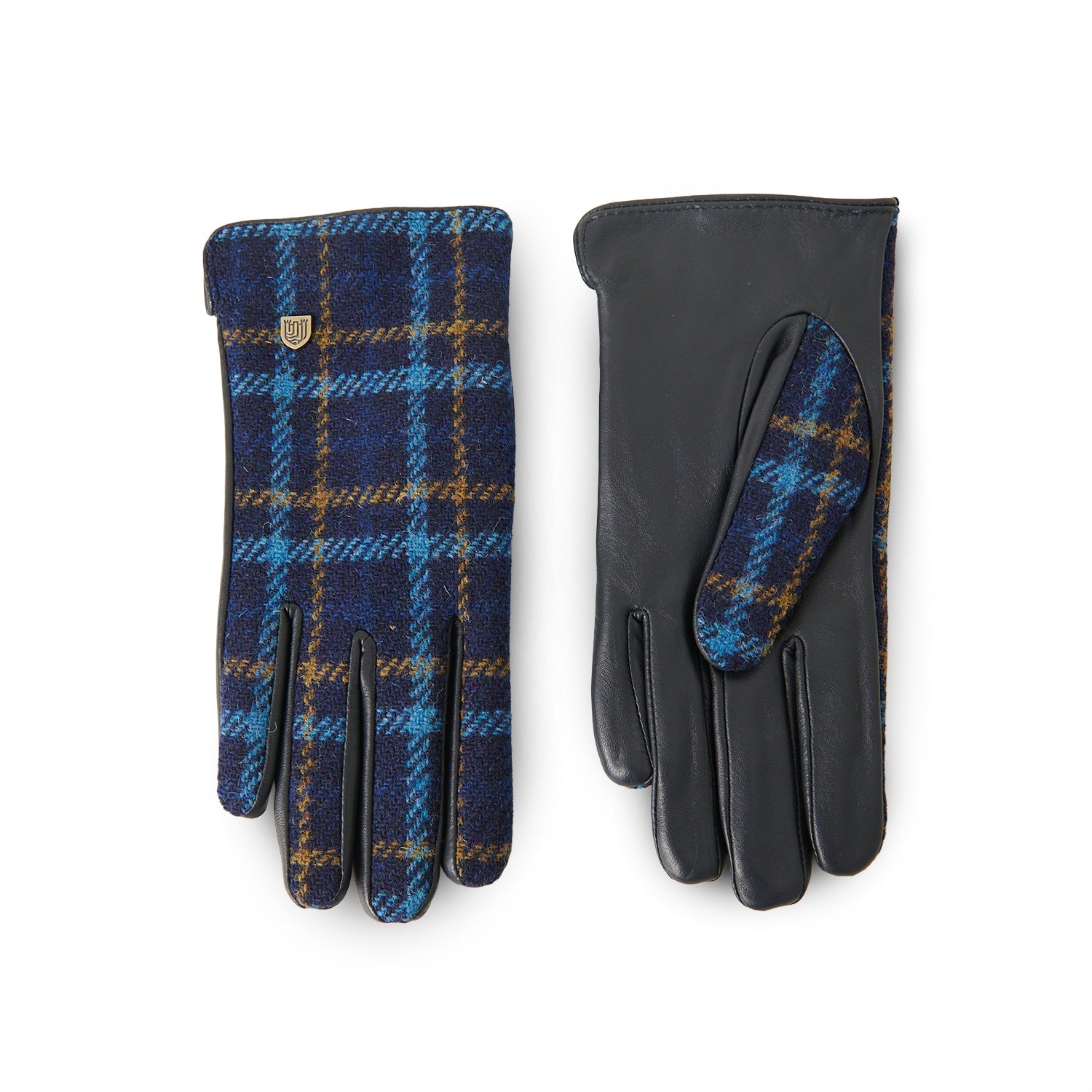 Navy tartan Harris Tweed gloves pair with blue and gold pattern on white background