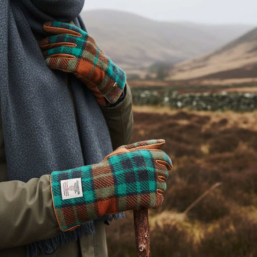 Harris Tweed gloves in orange and blue tartan worn outdoors in Scottish highlands