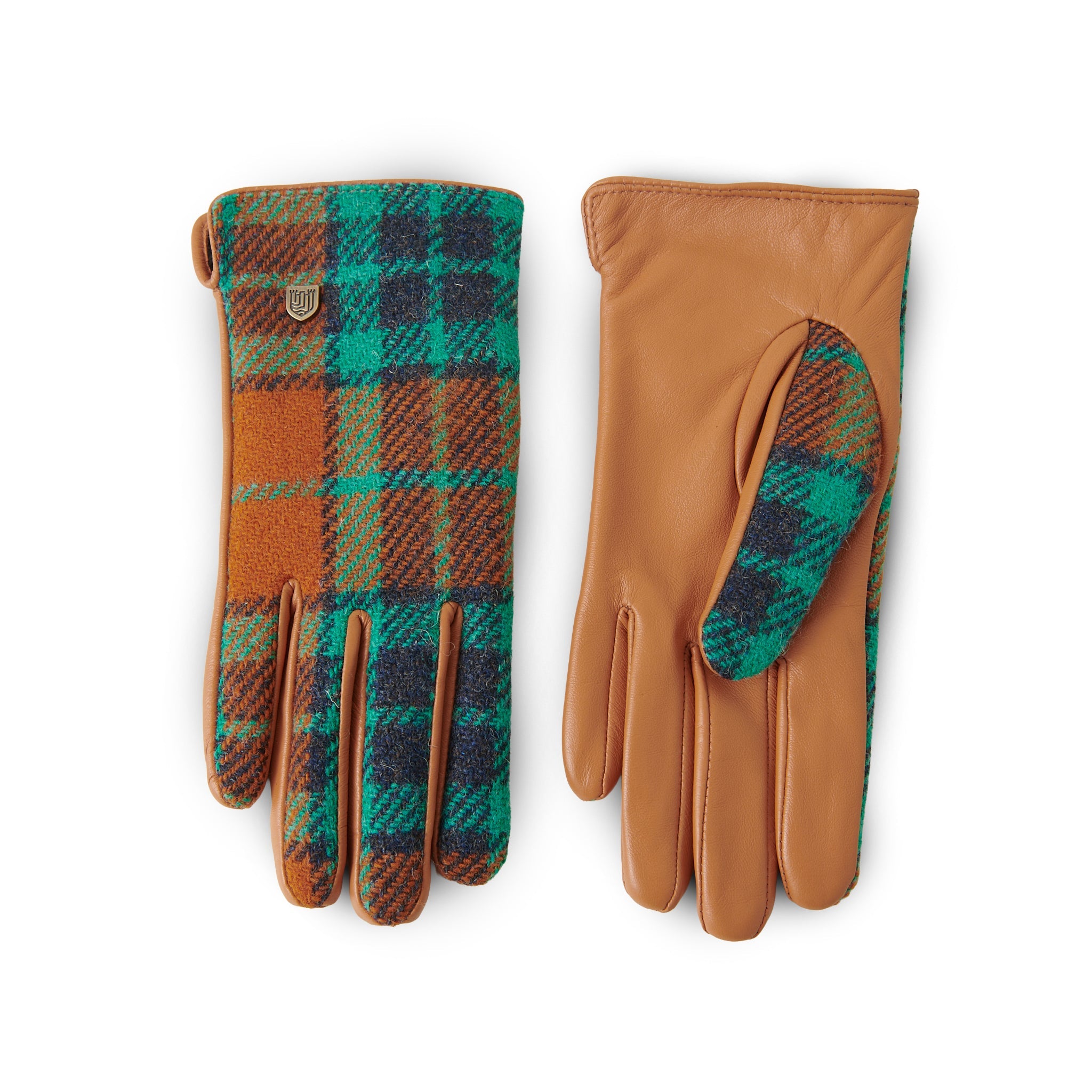Orange and blue tartan gloves showing tan leather palm on white background