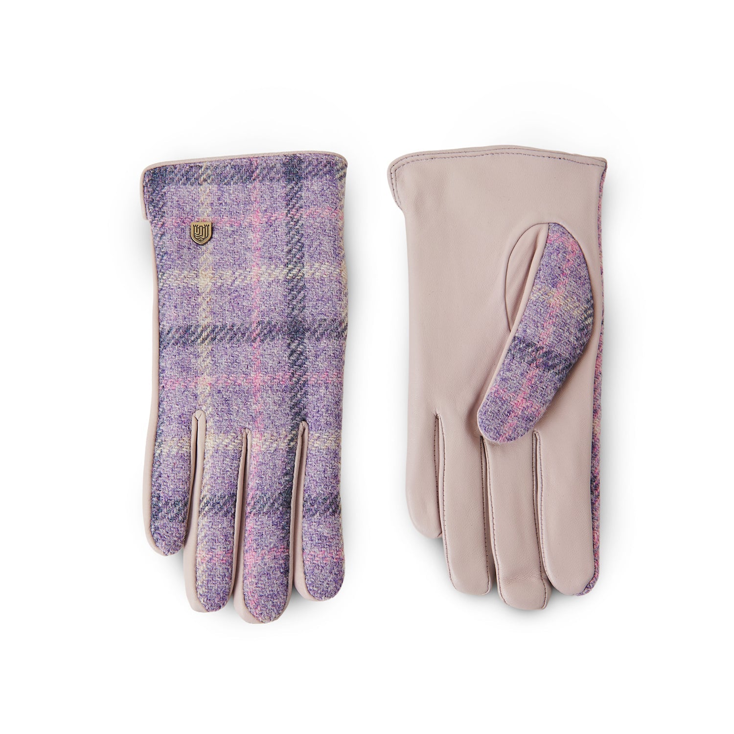 Purple tartan gloves showing cream leather palm on white background