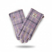 Harris Tweed ladies gloves in purple tartan front view on white background