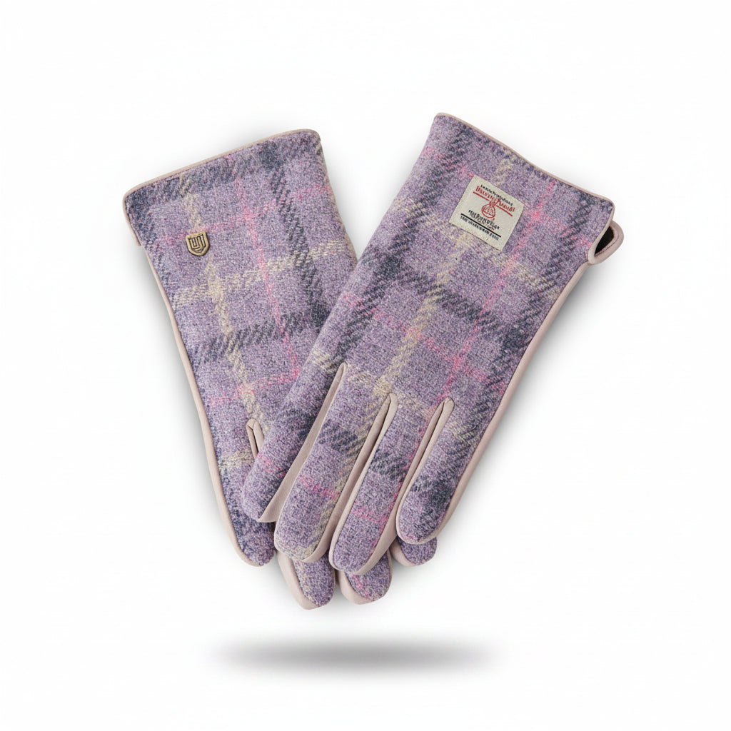 Harris Tweed ladies gloves in purple tartan front view on white background